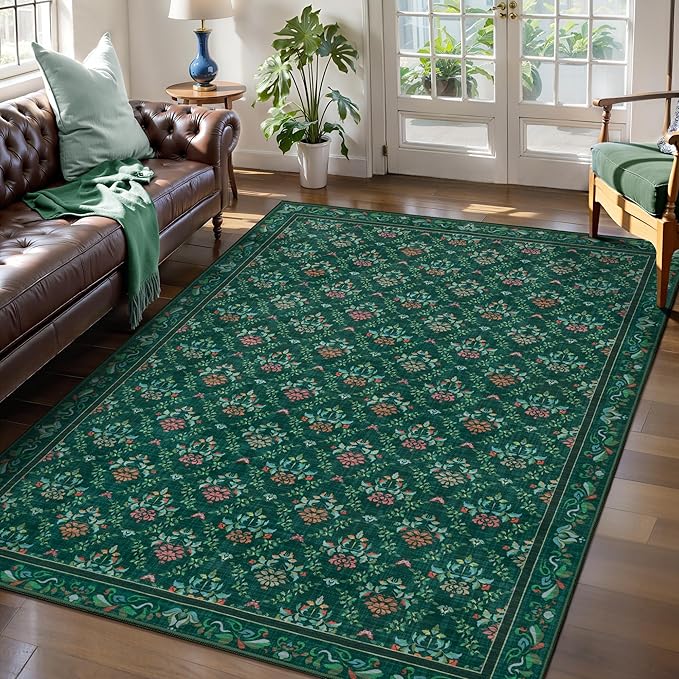 Tangsoo 5x7 Washable Area Rug, Non Slip Green Floral Indoor Rug, Soft Low Pile Floor Carpet for Living Room, Bedroom, Dining Room, Pet & Child Friendly Room Decor, Easy to Clean