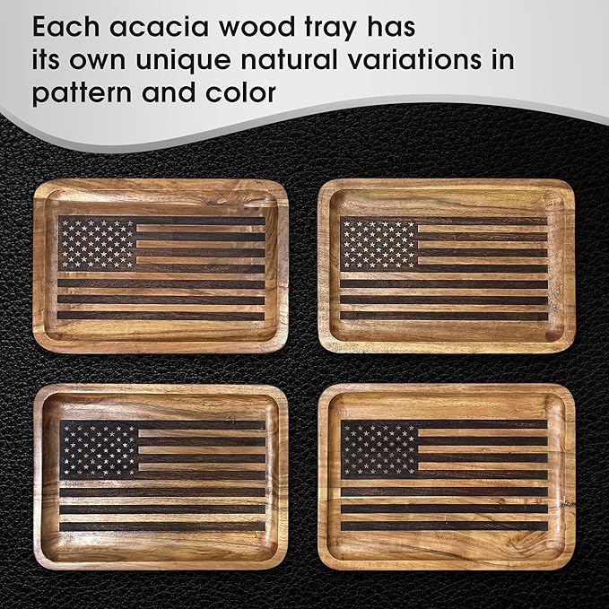 American Flag Valet Tray – Acacia Wood Catch All, EDC Tray – Every Day Carry Bedside Holder, Dump Tray EDC Organizer, Nightstand Organizer, Decorative Key Holder, 11 x 7.75 x 1 inches