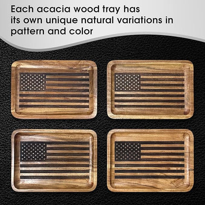 American Flag Valet Tray – Acacia Wood Catch All, EDC Tray – Every Day Carry Bedside Holder, Dump Tray EDC Organizer, Nightstand Organizer, Decorative Key Holder, 11 x 7.75 x 1 inches