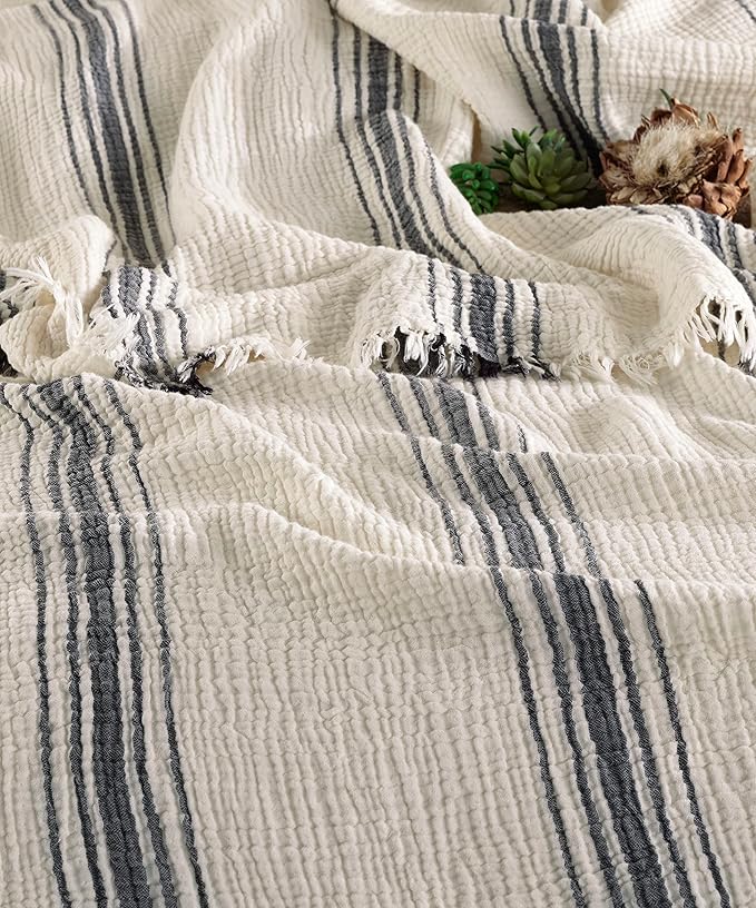 Bohemian 4 Layers Gauze Lightweight Throws,Cotton Muslin Throw Blanket,Breathable Coverlet, 4 Layer Bed Cover (Beige with 5 Stripes, Oversized 100 x 110 inches)