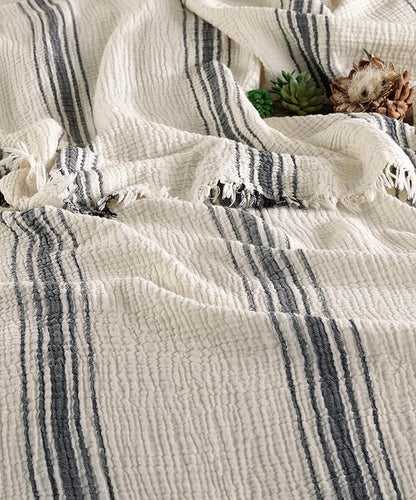 Bohemian 4 Layers Gauze Lightweight Throws,Cotton Muslin Throw Blanket,Breathable Coverlet, 4 Layer Bed Cover (Beige with 5 Stripes, Queen 90 x 95 inches)