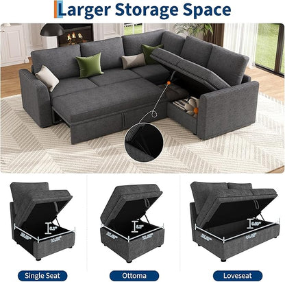 GarveeHome Sectional Sleeper Sofa with Pull Out Bed, Corduroy Modular Sectional Sofa L Shaped 5 Seat Couch with Pull Out Couch and Storage Seat, Convertible Sectional Couches for Living Room