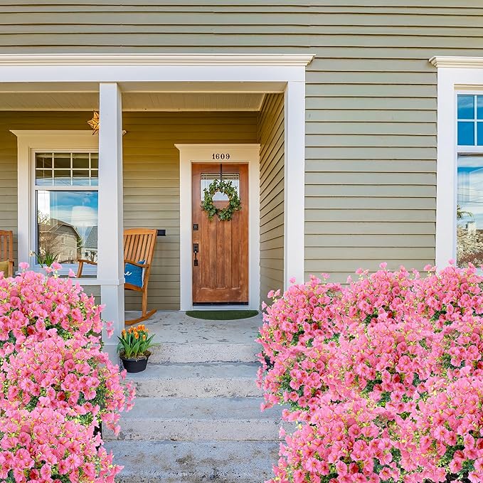 Artificial Flowers for Outdoors 12 Bundles Realistic Faux Plants UV Resistant Fake Silk Morning Glory with Eucalyptus for Front Door Planter Patio Porch Outside Spring Summer Decoration (Pink)