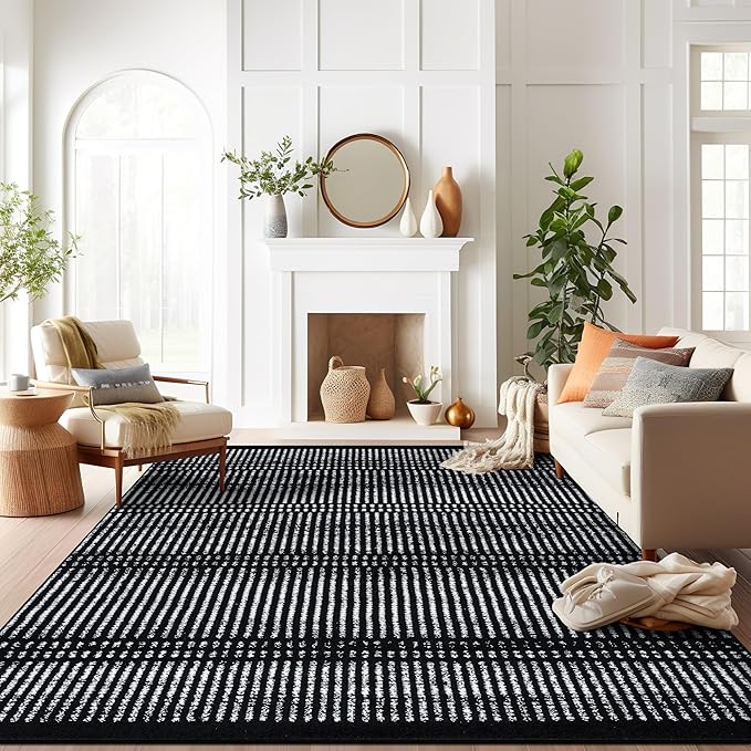 Rugshop Contemporary Stripe Lines High Traffic Living Room,Bedroom,Kitchen, Home Office Area Rug 7'10" x 10' Black