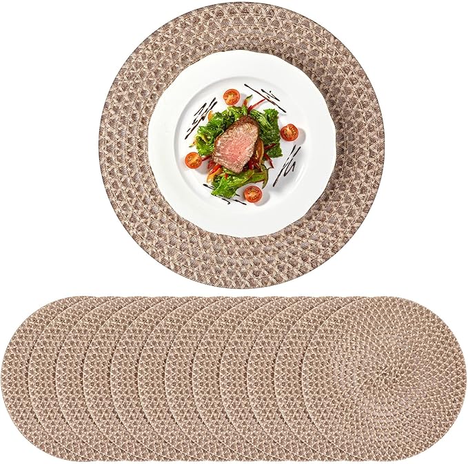 12 Pcs Jute Placemats Boho Braided Woven Table Mats for Dining Table Farmhouse Coasters for Thanksgiving Christmas Party Wedding Events(Natural,12 Inches)