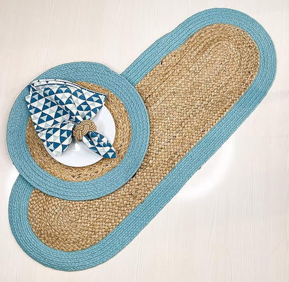 CHARDIN HOME Verona Oval Woven Jute & Cotton Braided Table Runner, Size -13 x 36 Inches, Color - Natural Jute with Aqua Border