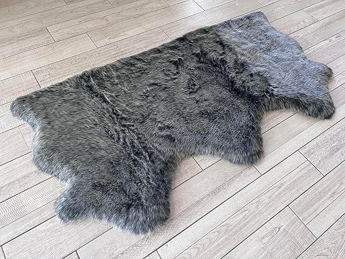 Free Shape Luxury Soft Fluffy Shag Area Rug Triple Side by Side 3'x6', 90x180cm - Vegan Fur Ultra Soft Indoor Carpet Nursery Rugs for Bedroom Home Decor, Black with White Tips