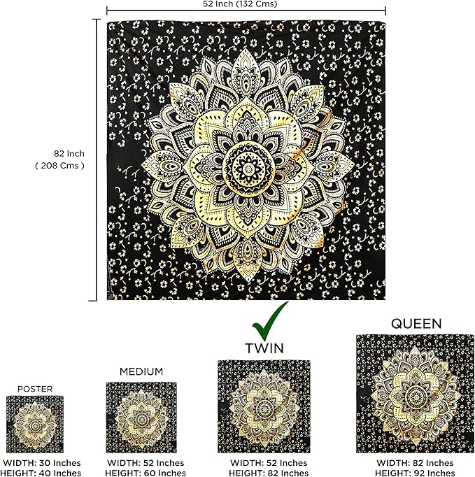 Rajsee Gold Mandala Tapestry - Boho Bedroom Aesthetic - Trippy Cute Wall Hanging - Black Gold Wall Art 52x82 Inches