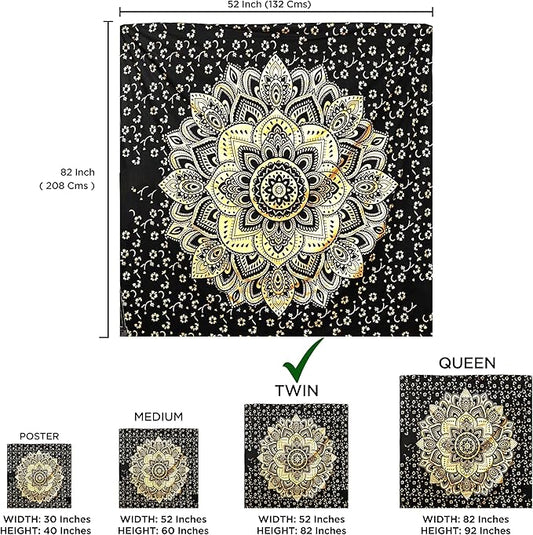 Rajsee Gold Mandala Tapestry - Boho Bedroom Aesthetic - Trippy Cute Wall Hanging - Black Gold Wall Art 52x82 Inches