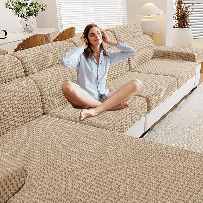 MAXIJIN Couch Cushion Covers for Sectional Sofa, Stretch Sofa Cushion Cover Washable Furniture Protector with Elastic Bottom & Non-Slip Strap for Pets Kids (1PC Chaise Cover, Khaki)