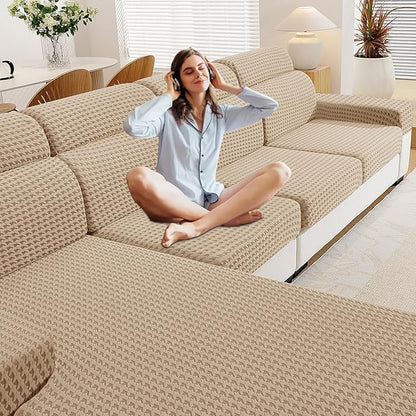 MAXIJIN Couch Cushion Covers for Sectional Sofa, Stretch Sofa Cushion Cover Washable Furniture Protector with Elastic Bottom & Non-Slip Strap for Pets Kids (3PC Seat Cover, Khaki)