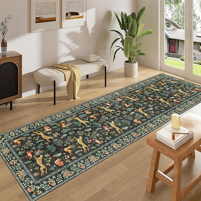 DUKINO Runner Rug, 2x8 Washable Kitchen Rugs for Hallways with Non Slip Backing, Soft Low Pile Vintage Animal Runner for Kitchen, Hallway, Entryway, Laundry, Bedroom, Black