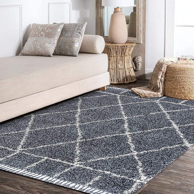 JONATHAN Y Mercer Shag Plush Tassel Blue/Cream Indoor Area Rug, 8x10, Moroccan Geometric Trellis, Easy-Cleaning for Living Room, Bedroom, Kitchen, Pet Friendly, Non-Shedding (MCR101A-8)