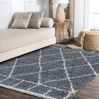 JONATHAN Y Mercer Shag Plush Tassel Blue/Cream Indoor Area Rug, 4x6, Moroccan Geometric Trellis, Easy-Cleaning for Living Room, Bedroom, Kitchen, Pet Friendly, Non-Shedding (MCR101A-4)
