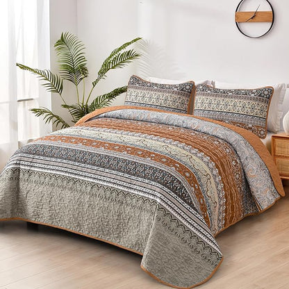 WONGS BEDDING Boho Quilt Set Full, Brown Grey Bohemian Quilt Bedding Set, Ultra Soft Lightweight Bedspread for All Season Reversible Microfiber Coverlet Bedding Set 90"x78"(3 Pieces)