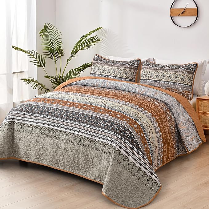 WONGS BEDDING Boho Fall Quilt Set California King, Brown and Grey Bohemian Striped Pattern Printed Quilt Coverlet, Lightweight Bed Decor Bedspread for All Season 106"x96"(3 Pieces, Cal King)