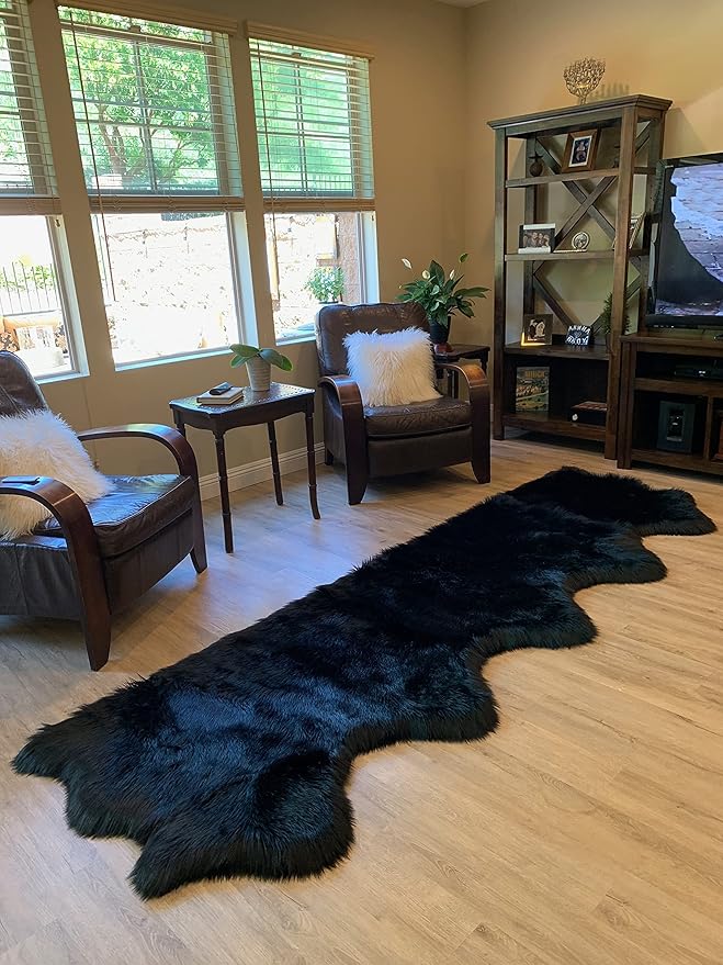 LAMBZY Faux Sheepskin Super Soft Hypoallergenic Silky Shag Rug for Living Room, Kids Room, Sofa (5 Pelts Side by Side 3'x10', Black)