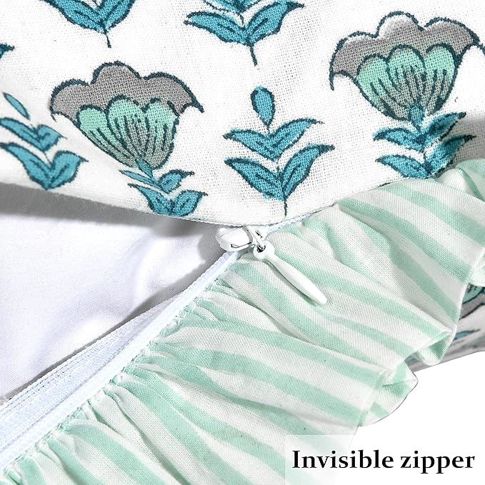 Ridhi Modern Farmhouse Pillow Covers Decorative Cotton Throw Pillow Covers Set of 2 Aquamarine Blue Cushion Covers with Ruffle for Couch Sofa Bed Living Room Spring Home Decor 18x18