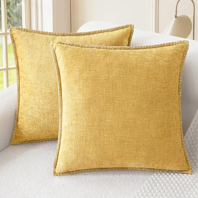 CaliTime Throw Pillow Covers Decorative 16 X 16 Inches Pack of 2 Cotton Thread Stitching Edges Solid Dyed Soft Chenille Cushion Cases for Couch Sofa Bed Living Room Farmhouse Gold