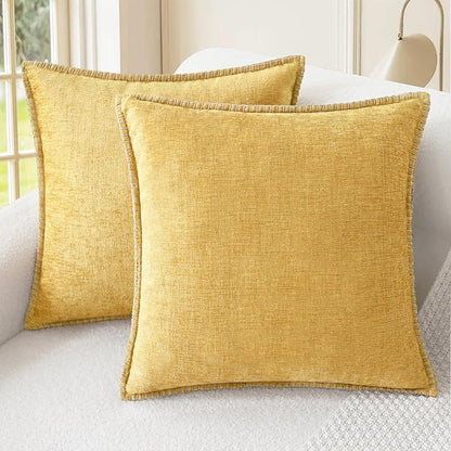 CaliTime Throw Pillow Covers Decorative 22 X 22 Inches Pack of 2 Cotton Thread Stitching Edges Solid Dyed Soft Chenille Cushion Cases for Couch Sofa Bed Living Room Farmhouse Gold