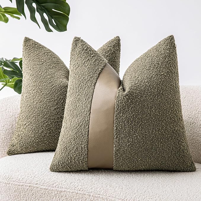 18"x18" Moss Green Boucle Throw Pillow Covers with Faux Leather Accents Set of 2 Fluffy Textured Decorative Pillow Cases for Couch Bed Boho Farmhouse Neutral Cushion Covers for Nordic Home