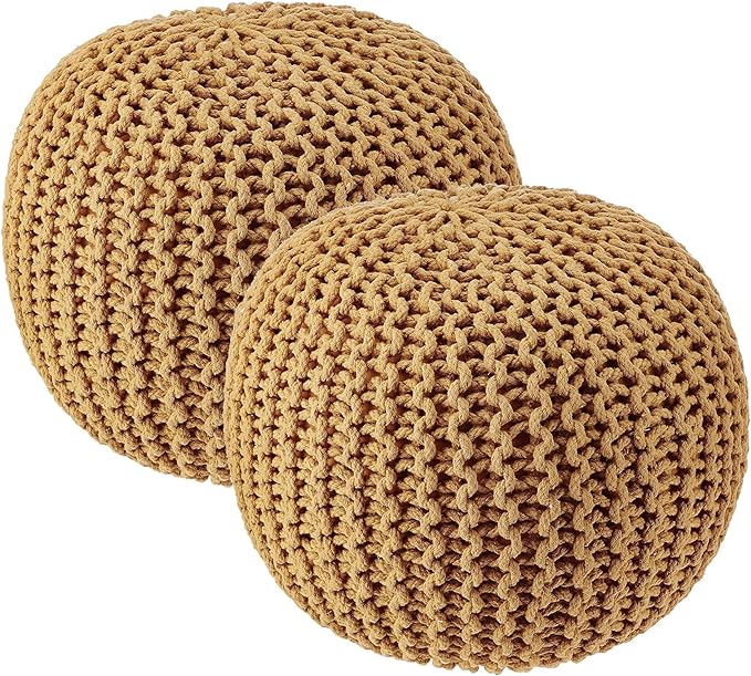 REDEARTH · Round Pouf Foot Stool Bean Bag Ottoman - Hand Knitted Boho Pouffe - Home Decor Poof - Stuffed Foot Rest for Living Room - Nursery - Bedroom - Patio (19.5"x19.5"x14") - Mustard, Set of 2
