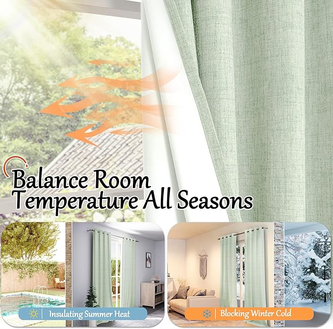 Lajode Sage Green Blackout Curtains for Bedroom - Linen Curtains 45 Inch Length Thermal Insulated Privacy Burlap Boho Window Drapes for Basement Scandi Farmhouse Nursery, 2 Panels, Each 52" Wide