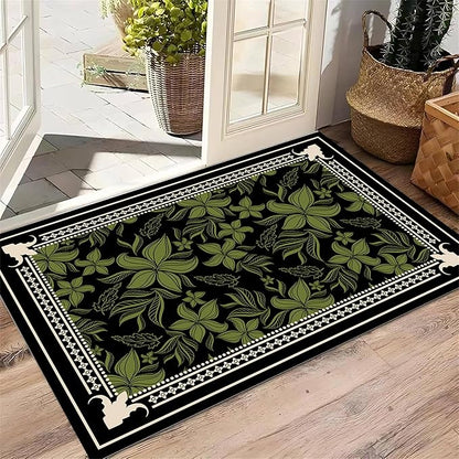 Retro Botanical Print Area Rug 5x6ft, Black and Green Large Washable Carpet, Non-Slip Low Pile Mat for Living Room, Dining Room, Bedroom, Nursery