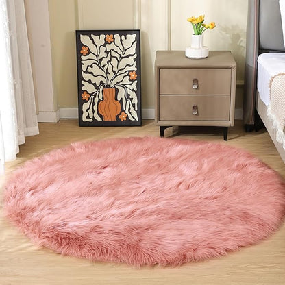 Round Rug 3ft Pink Small Fluffy Rug for Living Room Washable Shaggy Area Rugs for Bedroom Cute Room Circle Nursery Rug