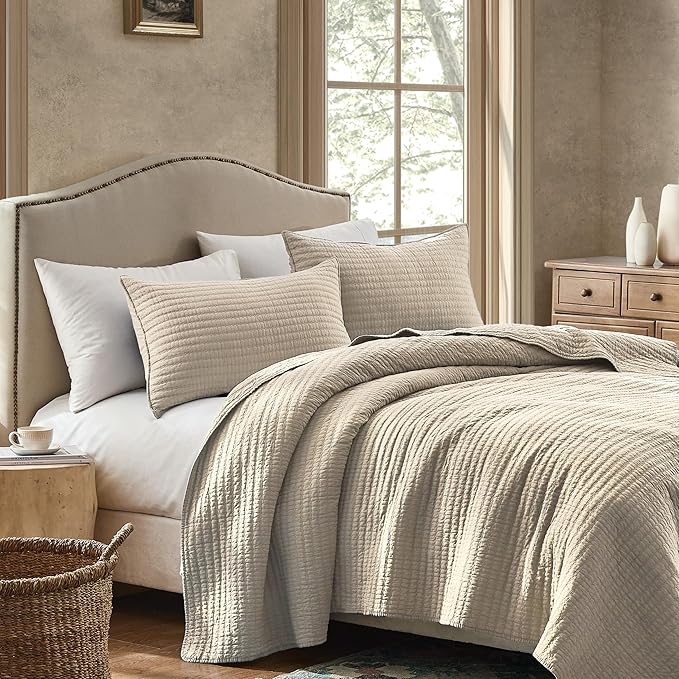 WDCOZY 100% Cotton King Size Quilt Set - Beige Neutral Striped Pick Stitch Soft Lightweight Bedspread, Textured Like Linen, Farmhouse Country Rustic Coverlet, Shabby Chic Gauze Bedding, 3 Pieces
