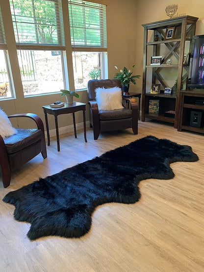 LAMBZY Faux Sheepskin Super Soft Hypoallergenic Silky Shag Rug for Living Room, Kids Room, Sofa (Quarto 4 Pelts Side by Side 3'x8', Black)