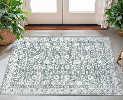 Vintage Floral 3x5 Rug, Sage Green White Entryway Rug Small Area Rug Washable Non-Slip Throw Rug, Thin Printed Faux Wool Low-Pile Kitchen Rugs Super Soft Capet for Entrance Bedroom Office