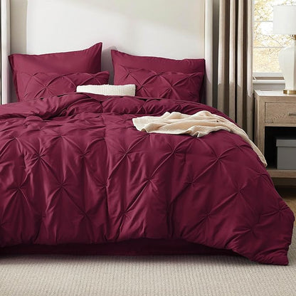 Bedsure Twin Comforter Set Burgundy - Bed in a Bag Twin Size Bedding 5 Pieces, GentleSoft™ Pintuck Bed Set Gift for Family, Pinch Pleat Burgundy Comforter with Sheets, Pillowcase & Sham