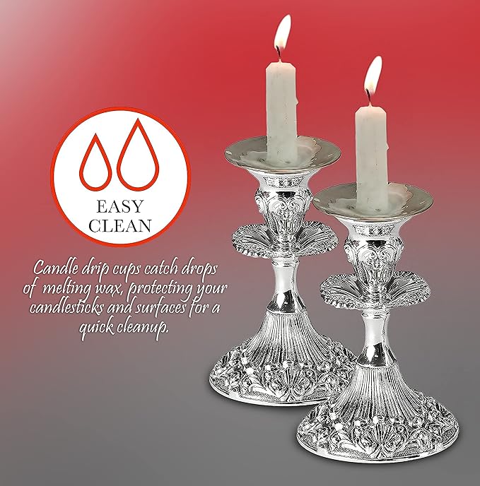 Ner Mitzvah Reusable Metal Candlestick Liners and Drip Guards - Safety Pin Holds Candles in Place - Nickel Plated Protector Bobeches - Silver - 2 Pack