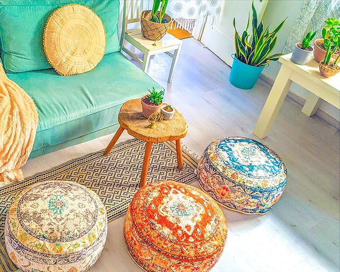 Mandala Life ART Bohemian Floor Cushion Cover Gray Round Meditation Pillow Case Boho Chic Pouf Ottoman Perfect Vintage Cushion for Living Room, Bedroom, Nursary or Children Room Cotton 24x8 Unstuffed
