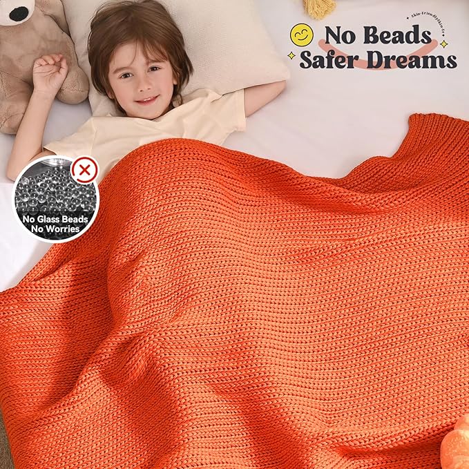 Guohaoi Knitted Weighted Blanket Kids (Orange 40"x60" 7lbs) No Beads Cooling Heavy Blanket, Home Decor Breathable Chunky Knit Throw Blanket for All-Season Use