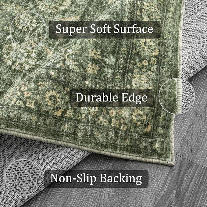 Morebes Vintage Living Room Rugs 6x9,Washable Green Area Rug Non Slip,Distressed Soft Floral Dorm Rug Boho Mat,Large Indoor Accent Floor Carpet for Nursery Kitchen Coffee Table Dining