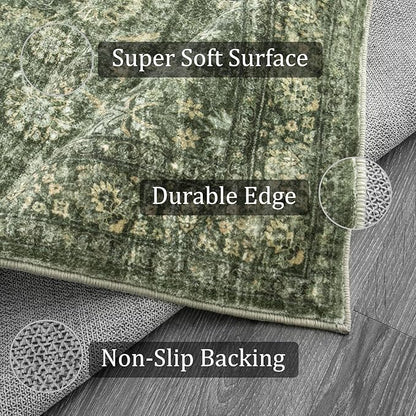 Morebes Vintage Living Room Rugs 6x9,Washable Green Area Rug Non Slip,Distressed Soft Floral Dorm Rug Boho Mat,Large Indoor Accent Floor Carpet for Nursery Kitchen Coffee Table Dining