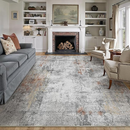 9x12 Washable Area Rug Grey Rust Abstract Living Room Bedroom Carpet Neutral Modern Non-Slip Soft Low Pile Lightweight Vacuumable Large Throw Rug for Dining Room