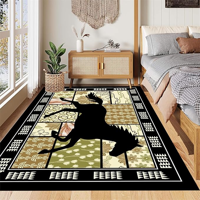 Boho Floral Area Rugs 2x3ft, Western Running Horse Rug, Botanical Print Low Pile Carpet, Non-Slip & Stain-Resistant Machine Washable Rug for Living Room, Bedroom, Dining Room
