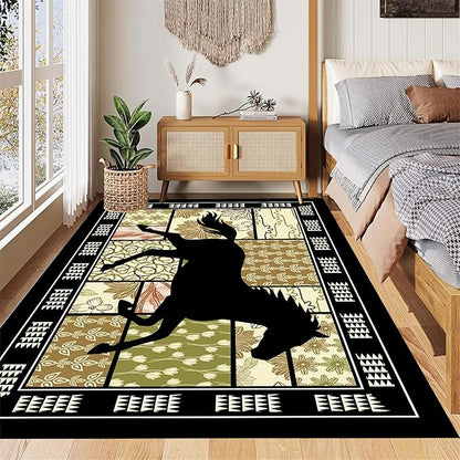Boho Floral Area Rugs 2x3ft, Western Running Horse Rug, Botanical Print Low Pile Carpet, Non-Slip & Stain-Resistant Machine Washable Rug for Living Room, Bedroom, Dining Room