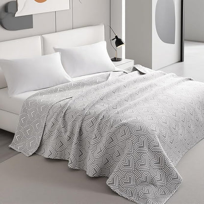 NTBAY 3 Layers Cotton Muslin 68x92 Twin Bed Blanket, Super Soft Breathable Thermal Yarn Dyed Quilt for Adults, Perfect Lightweight Blanket for Couch Sofa Bed All Seasons, Grey Heart