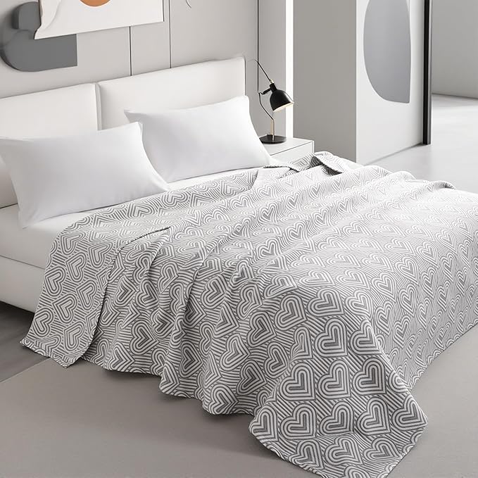 NTBAY 3 Layers Cotton Muslin 88x92 Queen Bed Blanket, Super Soft Breathable Thermal Yarn Dyed Quilt for Adults, Perfect Lightweight Blanket for Couch Sofa Bed All Seasons, Grey Heart