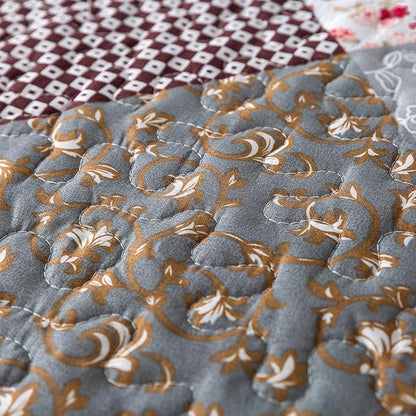 HoneiLife Quilt Set King Size - 3 Piece Microfiber Reversible Bedspreads Patchwork Coverlets Floral Bedding Set All Season Quilts-Grey Rose