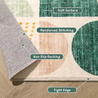 MUJOO Green Rug Boho Washable,4x6.5 Area Rugs for Bedroom Entryway Living Room Bedside,Small Throw Floor Carpet Non Slip Soft Indoor Modern Abstract Sage Green