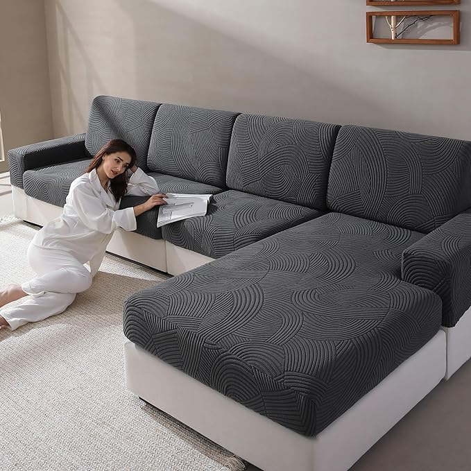 Couch Cushion Covers for Sectional and L Shaped Sofa, Stretch Soft Sofa Covers Washable Wear Resistant Slipcovers Furniture Protector Pet-Friendly (3 Seaters Covers, Dark Gray)