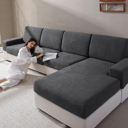 Couch Cushion Covers for Sectional and L Shaped Sofa, Stretch Soft Sofa Covers Washable Wear Resistant Slipcovers Furniture Protector Pet-Friendly (1PC L Chaise Cover, Dark Gray)