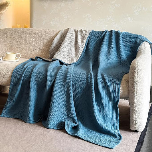 FALUCA Cotton Muslin Reversible Blanket King Size for Bed, Couch, Four Layers Blanket, Soft Lightweight Cozy Breathable Farmhouse Decoration for All-Season, Light Blue