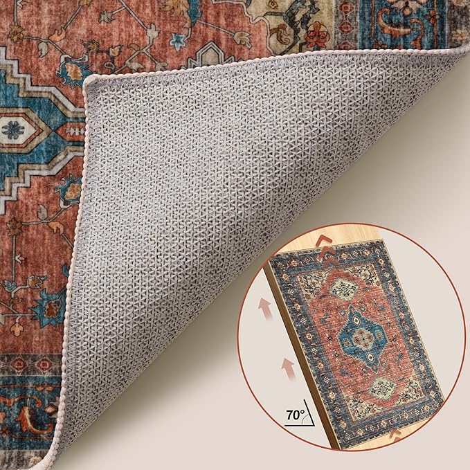 Tangsoo 6x9 Area Rug Washable Rugs for Living Room, Oriental Indoor Non Slip Large Area Rugs, Vintage Print Carpet, Soft Low Pile Foldable Floor Rug for Bedroom Dining Room Dorm Terracotta