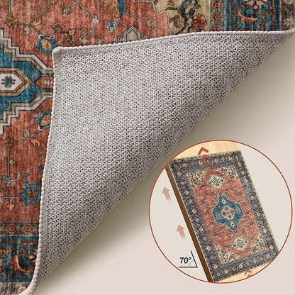 Tangsoo 6x9 Area Rug Washable Rugs for Living Room, Oriental Indoor Non Slip Large Area Rugs, Vintage Print Carpet, Soft Low Pile Foldable Floor Rug for Bedroom Dining Room Dorm Terracotta